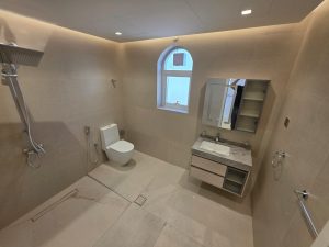 Modern bathroom with walk-in shower inside a fully renovated villa in Jumeirah 3 Dubai