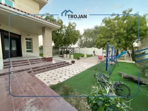 Front entrance with private garden and children’s play area in a 5 bedroom villa for rent in Al Barsha, Dubai