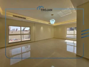 Spacious bedroom with large windows and modern ceiling lighting in stand-alone 5 bedroom villa for rent in Al Quoz 2 Dubai